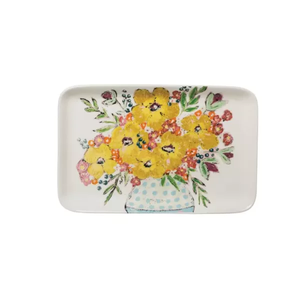 3R Studios 14.75 in. White Stoneware Rectangle Platter with Yellow Flowers