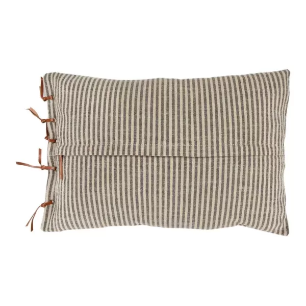 3R Studios Black & Beige Striped Cotton Ticking Lumbar with Leather Trim 24 in. x 16 in. Throw Pillow