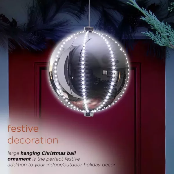 Alpine Corporation 13 in. Tall Large Hanging Christmas Ball Ornament with LED Lights, Silver