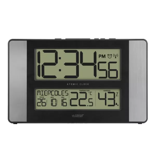 La Crosse Technology 11 in. x 7 in. Atomic Digital Clock with Temperature and Humidity in Aluminum Finish