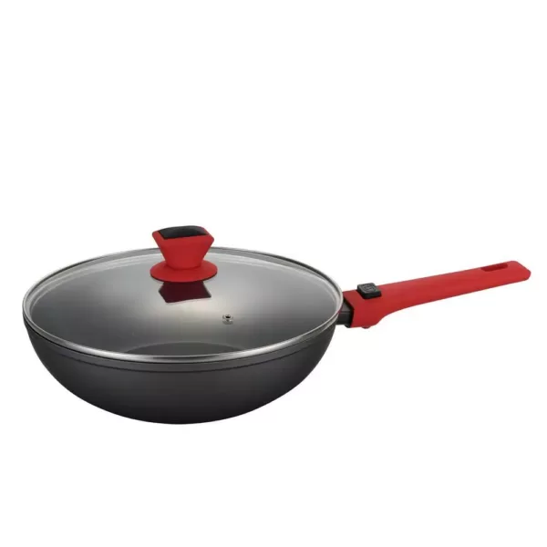 AMERCOOK 11 in. Scratch Resistant Aluminum Round Wok and Lid with Detachable Handle