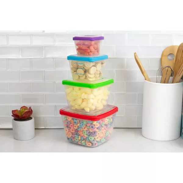 Home Basics 8-Piece Nesting Plastic Food Storage Container Set with Multi-Color Snap-On Lids