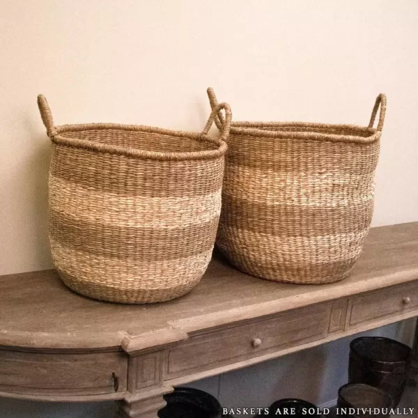 Zentique Rounded Hand Woven Wicker Seagrass Striped Medium Basket with Handles