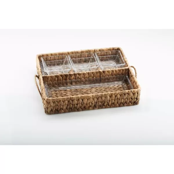 Artland Garden Terrace Dbl.Tray Server. Glass Tray 12.25"L, 5"W, 1"H, 3-Glass Bowls 3.75"sq.Water Hyacinth Holder, Gift Box