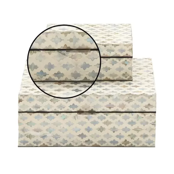 LITTON LANE Vintage White Zig-Zag Patterned MDF Multiple Decorative Boxes w/ Tan, Gray and Blue Mother of Pearl Tile Inlay(Set of 2)