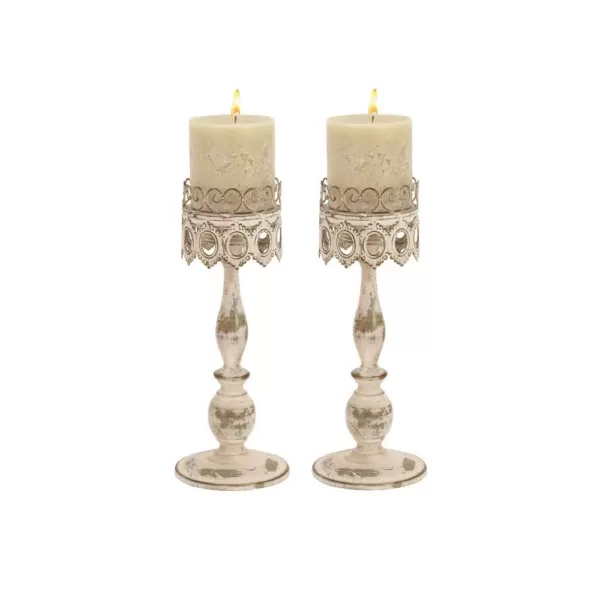 LITTON LANE 14 in. Distressed Ivory Iron Pillar Candle Holders with Filigree-Patterned Cups (Set of 2)