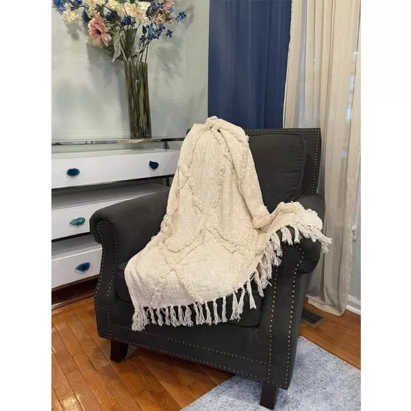 LR Resources LR Home Handmade Boho Farmhouse Natural - Off White Sofa Bed Throw Blanket with Fringe