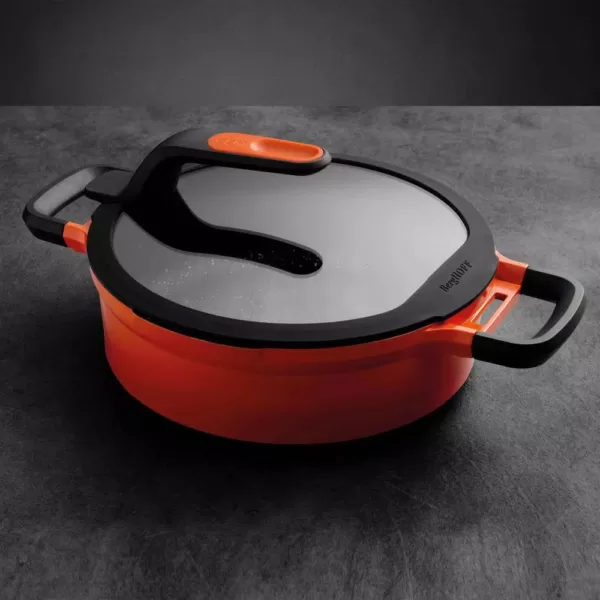 BergHOFF GEM Stay Cool 3.5 qt. Cast Aluminum Nonstick Saute Pan in Orange with Glass Lid and Dual Handles