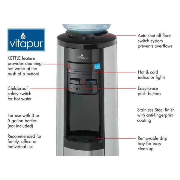 VITAPUR 3-5 Gal. Hot/Room/Cold Temperature Top Load Water Cooler Dispenser with Kettle Feature in Stainless Steel/Black