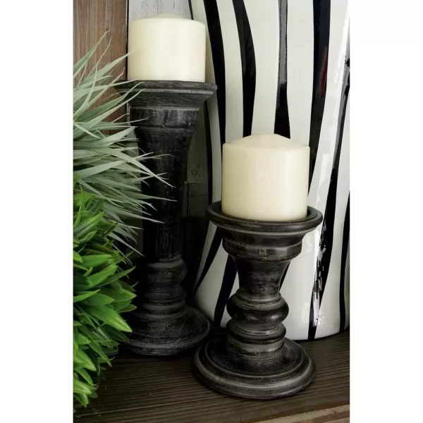 LITTON LANE Distressed Black Mango Wood with Flared Top Candle Holders (Set of 3)