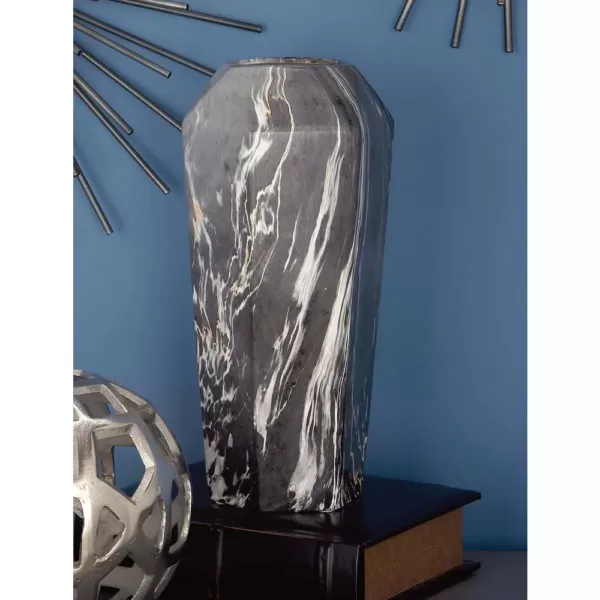 LITTON LANE 14 in. Black and White Marble Paneled Decorative Vase