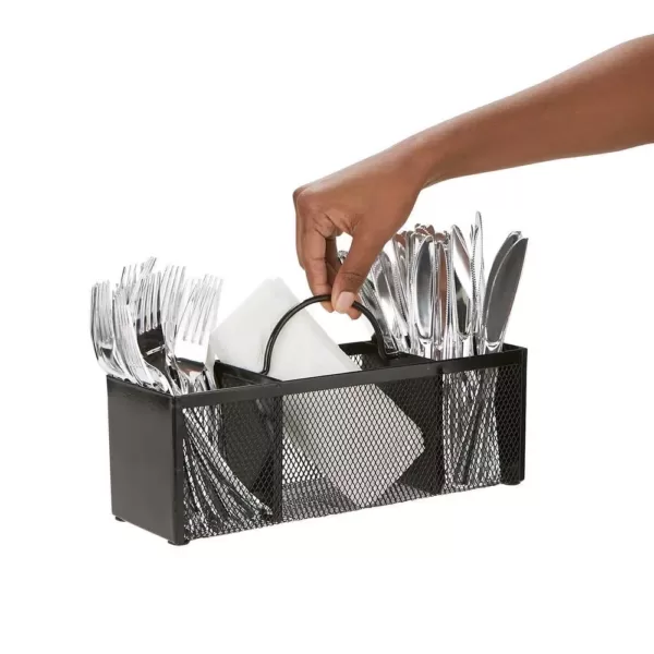 Mind Reader 3-Section Black Mesh Cutlery Holder, Serve Ware Holder, Silverware Organizer, Forks, Spoons, Knives, Countertops