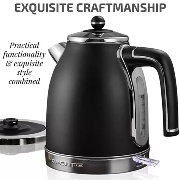 Ovente 7.2-Cup Black Stainless Steel Electric Kettle with Removable Filter, Boil Dry Protection and Auto Shut Off Features