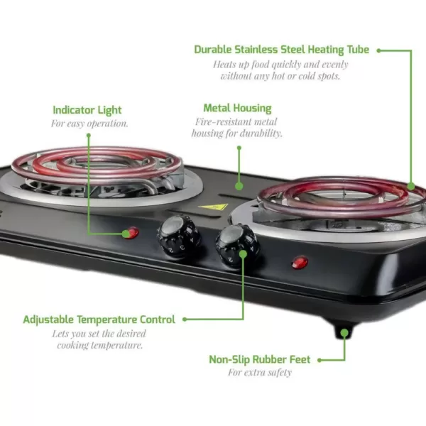 Ovente 5.7 in. and 6 in. Black Double Hot Plate Burner Electric Stove with Adjustable Temperature Control