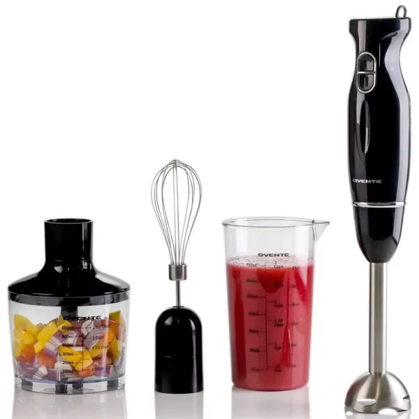 Ovente Multi-Purpose Hand Immersion Blender (Set-Black), Whisk+Beaker+Chopper, 2-Speed Setting