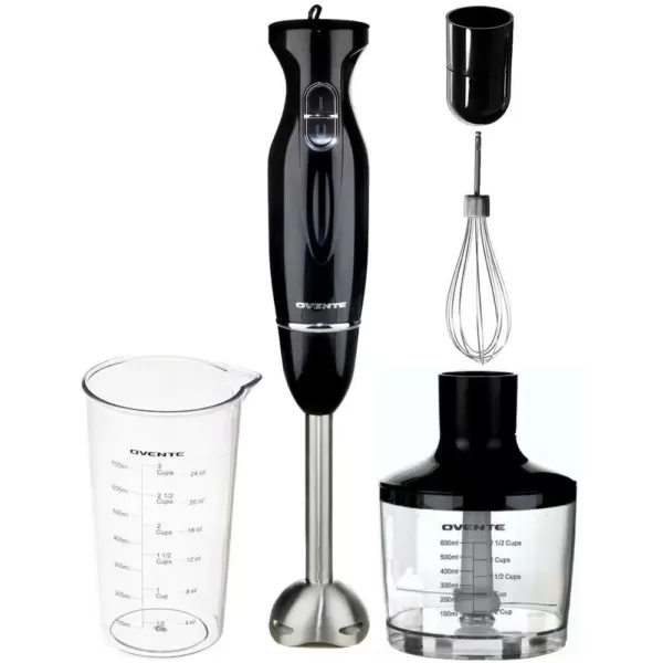 Ovente Multi-Purpose Hand Immersion Blender (Set-Black), Whisk+Beaker+Chopper, 2-Speed Setting