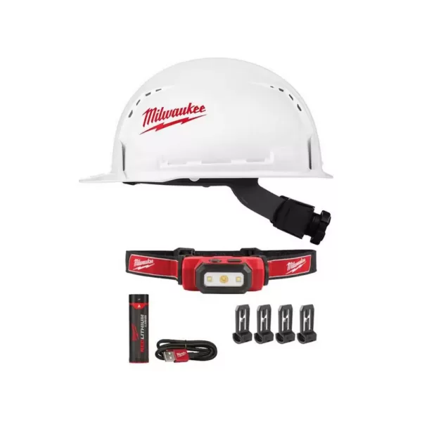 Milwaukee 475 Lumens LED Rechargeable Hard Hat Headlamp with BOLT white type 1 class C front brim vented hard hat