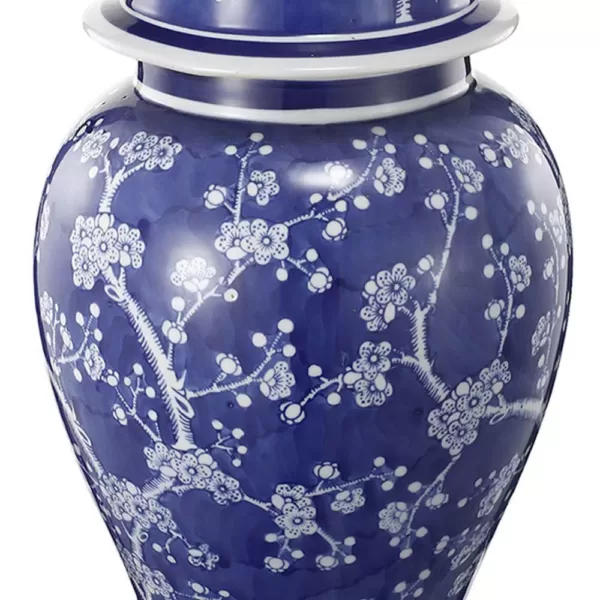 Benjara 1-Piece Ceramic Flowers Designed Ginger Jar in Blue and White