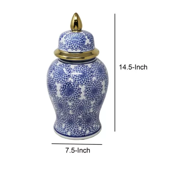 Benjara Blue and White Ceramic Temple Jar with Covered Top Lid