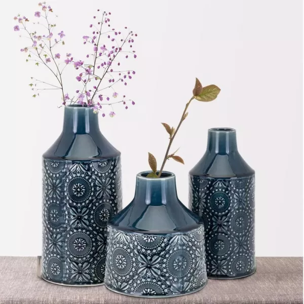 Benjara Glazed Blue Ceramic Floral Vases (Set of 3)