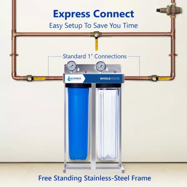 Express Water 2-Stage Whole House Water Filtration System – Sediment and Carbon Filter, Pressure Gauge, Easy Release, 1 in. Connection