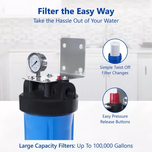 Express Water Whole House 1-Stage Water Filtration System – Heavy Metal KDF Filter – Pressure Gauge, Easy Release, 1 in. Connections