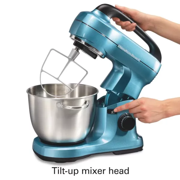 Hamilton Beach 4 Qt. 7-Speed Blue Stand Mixer with with Whisk, Dough Hook, Flat Beater Attachments