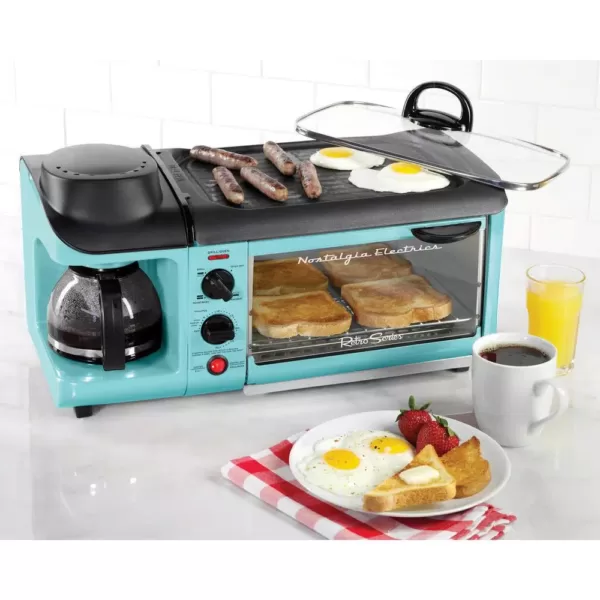 Nostalgia Retro Breakfast Center 1500 W 4-Slice Blue Toaster Oven with Built-In Timer