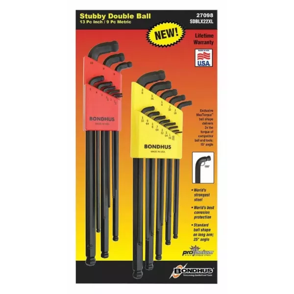 Bondhus Standard and Metric Stubby Double Ball End XL L-Wrench Sets (22-Piece)