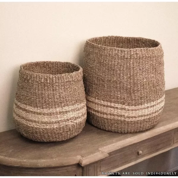 Zentique Concave Hand Woven Wicker Seagrass and Palm Leaf with Light Pin Stripes Large Basket