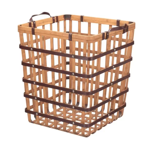 Home Decorators Collection Square Natural Bamboo and Leather Decorative Basket with Leather Handles