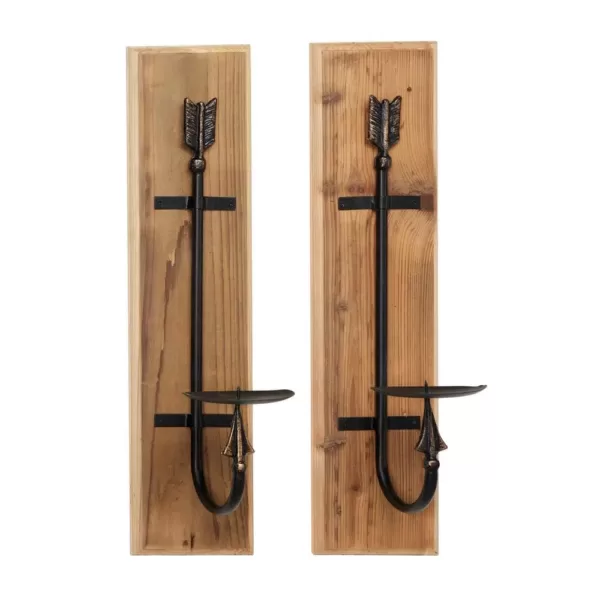 LITTON LANE Rectangular Industrial Black Metal and Natural Wood Wall Sconces, Set of 2