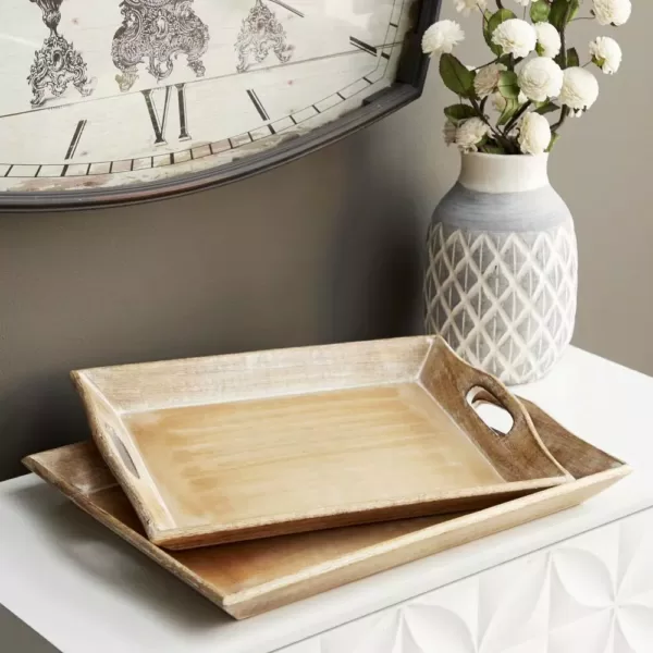 LITTON LANE Distressed Brown Decorative Wooden Trays (Set of 2)