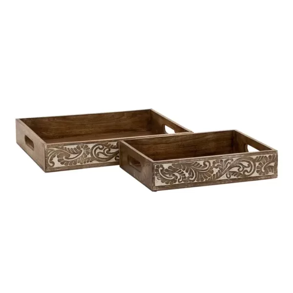 LITTON LANE Walnut Brown Vine and Leaf Decorative Trays (Set of 2)