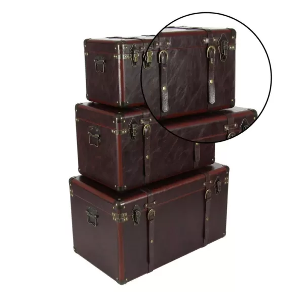 LITTON LANE Globetrotter Wood and Matte Brown Leather Case (Set of 3)