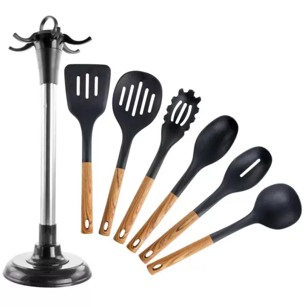 MegaChef Black Nylon Cooking Utensils with Wood Design (Set of 7)