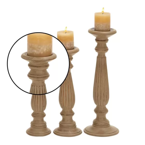 LITTON LANE Rustic Light Brown Carved Mango Wood Candle Holder (Set of 3)