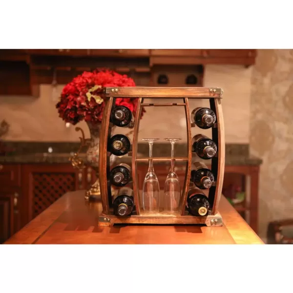 Vintiquewise 8-Bottle Brown Rustic Wooden Wine Rack with Decorative Wine Glass Holder