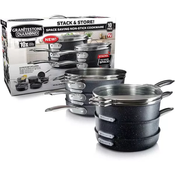 GRANITESTONE 10-Piece Aluminum StackMaster Non-Stick Diamond Infused Cookware Set with Glass Lids