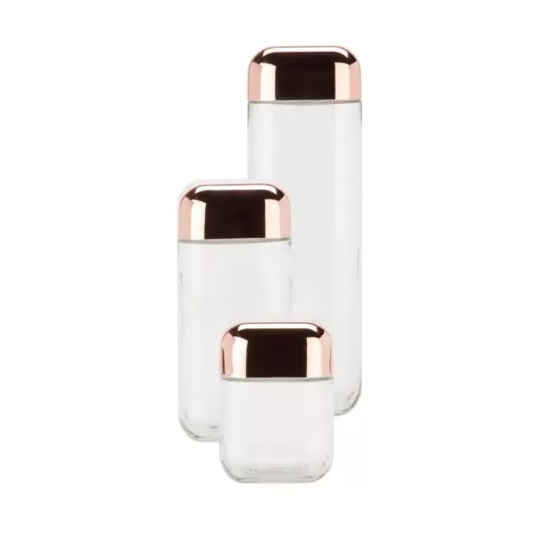 Honey-Can-Do 3-Piece 550ml, 1100ml and 1700ml Square Glass Storage Jar Set with Rose Gold with Twist Lids