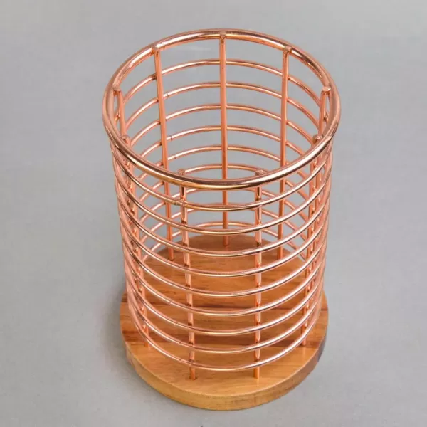 Creative Home Deluxe Acacia Copper Wood and Iron Wire Utensil Tool Holder Crock