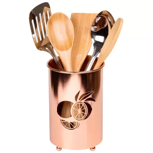 Creative Home Deluxe Copper Plated Metal Utensil Holder Kitchen Tool Crock with Laser Cut Lemon Motif