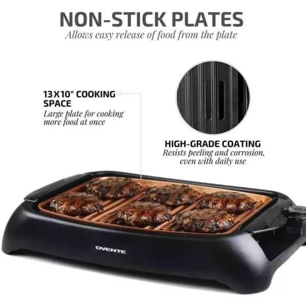 Ovente 1000-Watt Portable Electric Indoor Smokeless Grill with Non-Stick Aluminum Grilling Plate and Oil Drip Pan, Copper