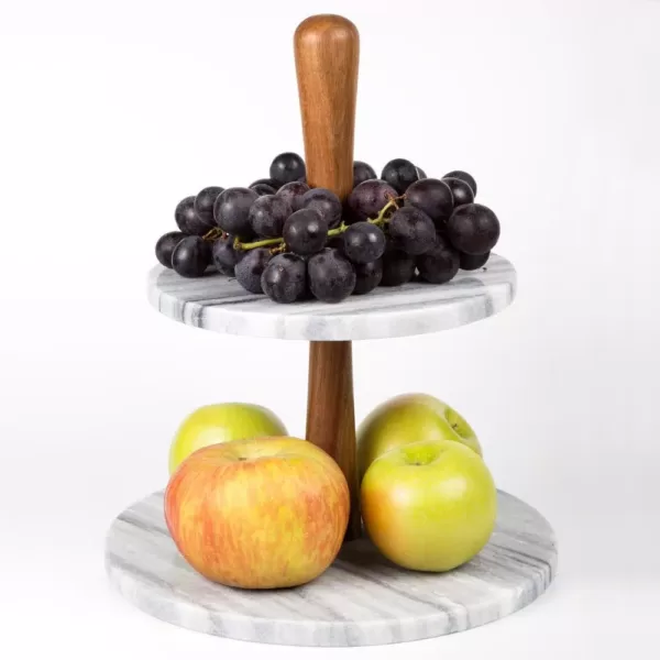 Creative Home 2-Tier Natural Marble and Acacia Wood Cake Dessert Stand, Fruit Plate, Pastry Server, Off-White