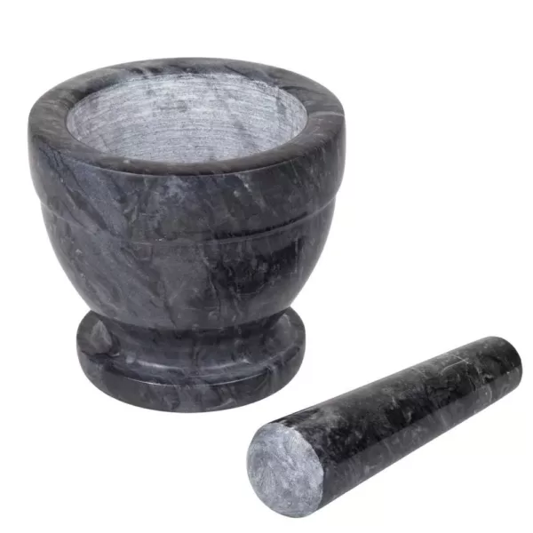 Creative Home 5-1/4 in. Natural Black Marble Mortar and Pestle Set with Kitchen Spices, Herbs, Grinder