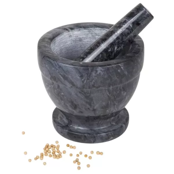 Creative Home 5-1/4 in. Natural Black Marble Mortar and Pestle Set with Kitchen Spices, Herbs, Grinder