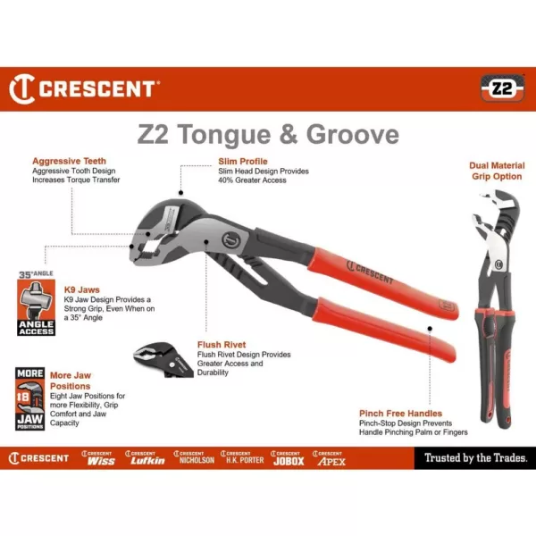 Crescent 8 in. Z2 K9 Straight Jaw Dual Material Tongue and Groove Pliers