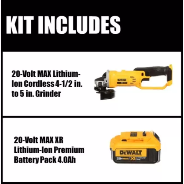 DEWALT 20-Volt MAX Cordless 4-1/2 in. to 5 in. Grinder with (1) 20-Volt 4.0Ah Battery