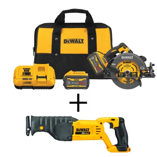 DEWALT FLEXVOLT 60-Volt MAX Cordless Brushless 7-1/4 in. Circular Saw with Brake, (2) FLEXVOLT 9.0Ah Batteries & Recip Saw