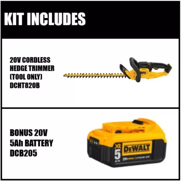 DEWALT 22 in. 20V MAX Lithium-Ion Cordless Hedge Trimmer (Tool Only) with Bonus 20V MAX XR Premium (1) 5.0Ah Battery